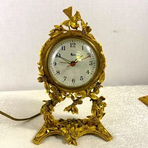 Vintage Matson Table Clock Gold Plated Hollywood Regency Bird Flowers READ